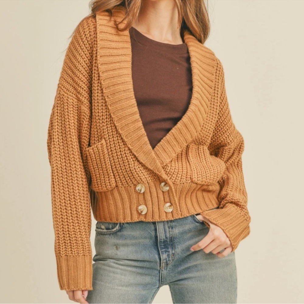 Anthropologie Deep V-Neck Shawl Ribbed Cable Knit Cardigan Honey Brown Wool Sz S